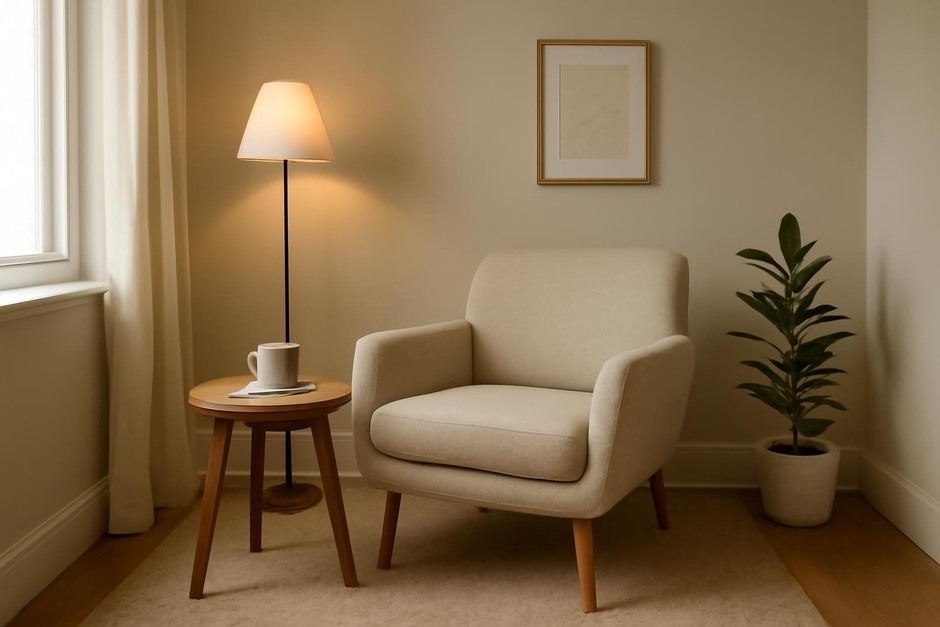 A small cozy corner with a chair, side table, and soft light