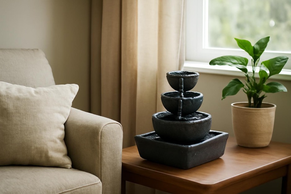 Cozy living room corner with soft light and a small tabletop fountain