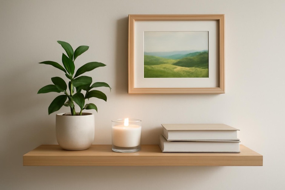 A simple wooden shelf with a small plant, candle, and stack of books arranged neatly