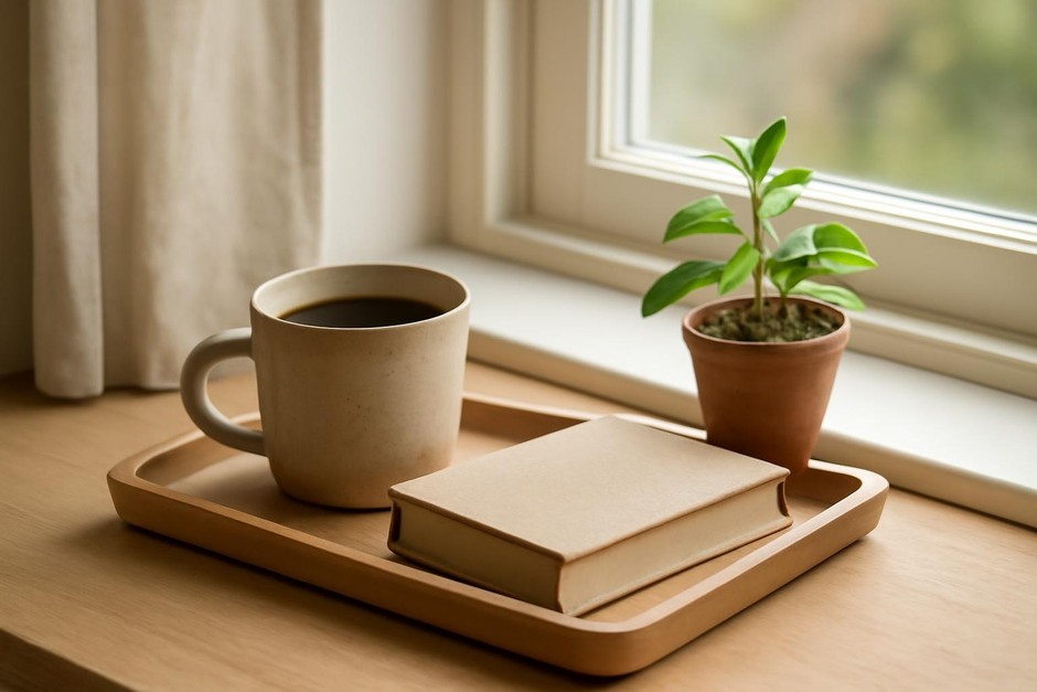 A small wooden tray with a mug, book, and plant by a window