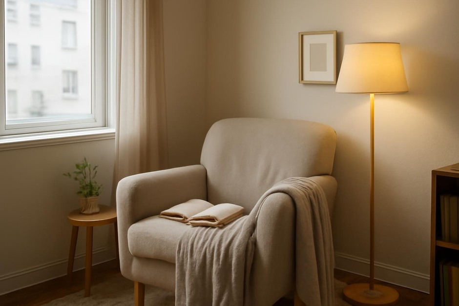 Cozy reading nook with chair, blanket and lamp